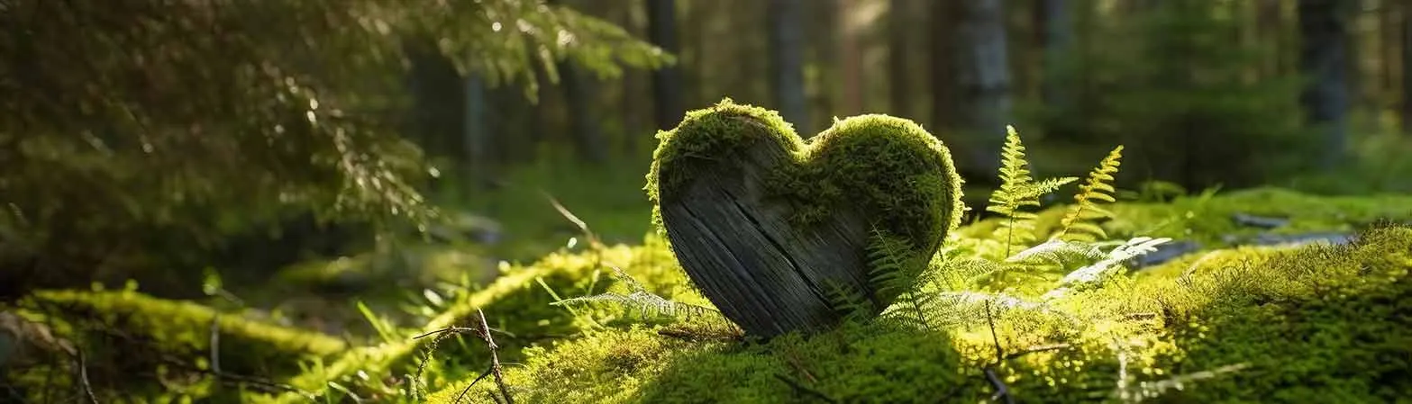 Moosbewachsenes Holzherz auf einem Waldboden zwischen Farnen im Sonnenlicht