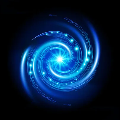 Leuchtende blaue Lichtspirale vor dunklem Hintergrund, Symbol für Trancezustand