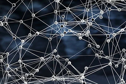 Abstraktes Netzwerk aus verbundenen Knotenpunkten und Linien vor dunklem Hintergrund