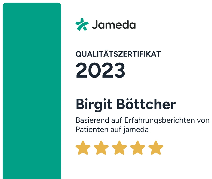 Jameda Qualitätszertifikat 2023 für Birgit Böttcher – 5 Sterne, basierend auf Patientenbewertungen