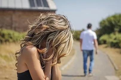 Frau blickt traurig nach unten, ein Mann entfernt sich auf einem Feldweg